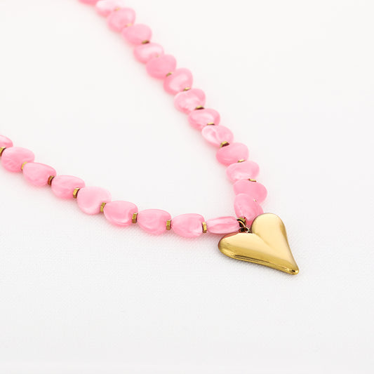 Kralen ketting met hart lichtroze